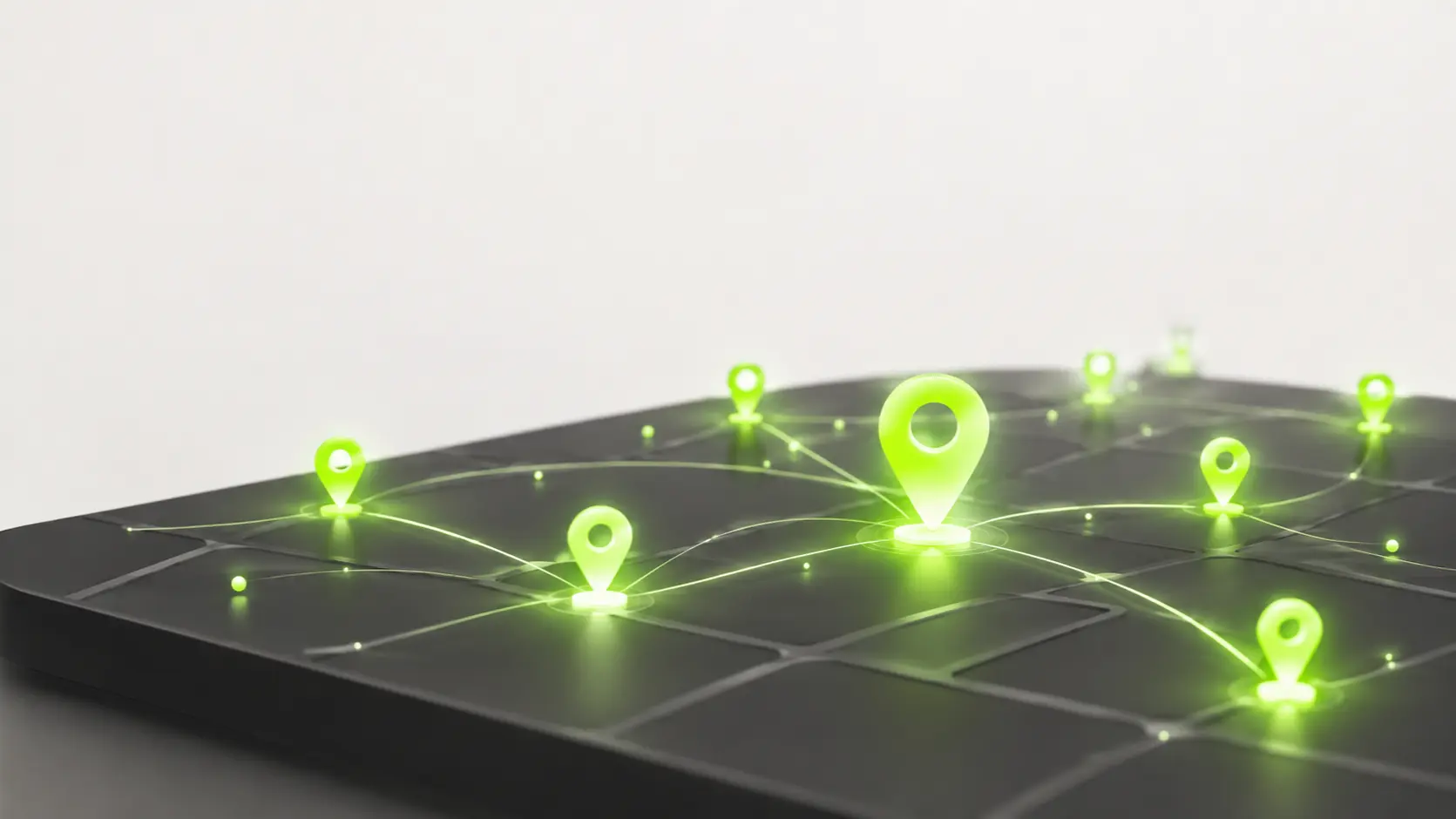 Abstract network of glowing lime-green location nodes connected by light trails, representing a local SEO AI skill system